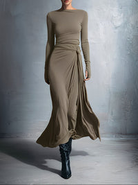 Laura | Damen Elegant Drapiertes Langarm Maxikleid in Khaki