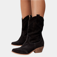 Valentina | Damen Perforierte Blockabsatz Cowboystiefel in Schwarz