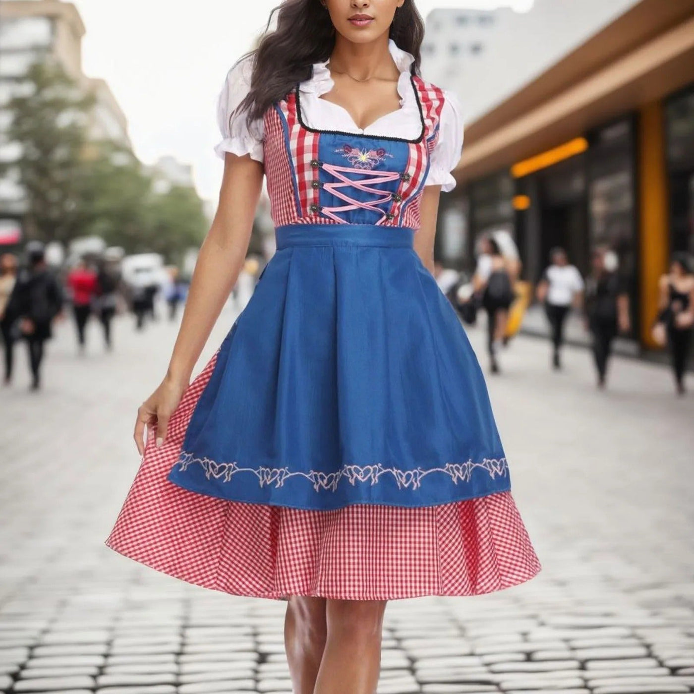 Oktoberfest-Dirndl mit Karomuster und kurzen Ärmeln für moderne Feierlichkeiten