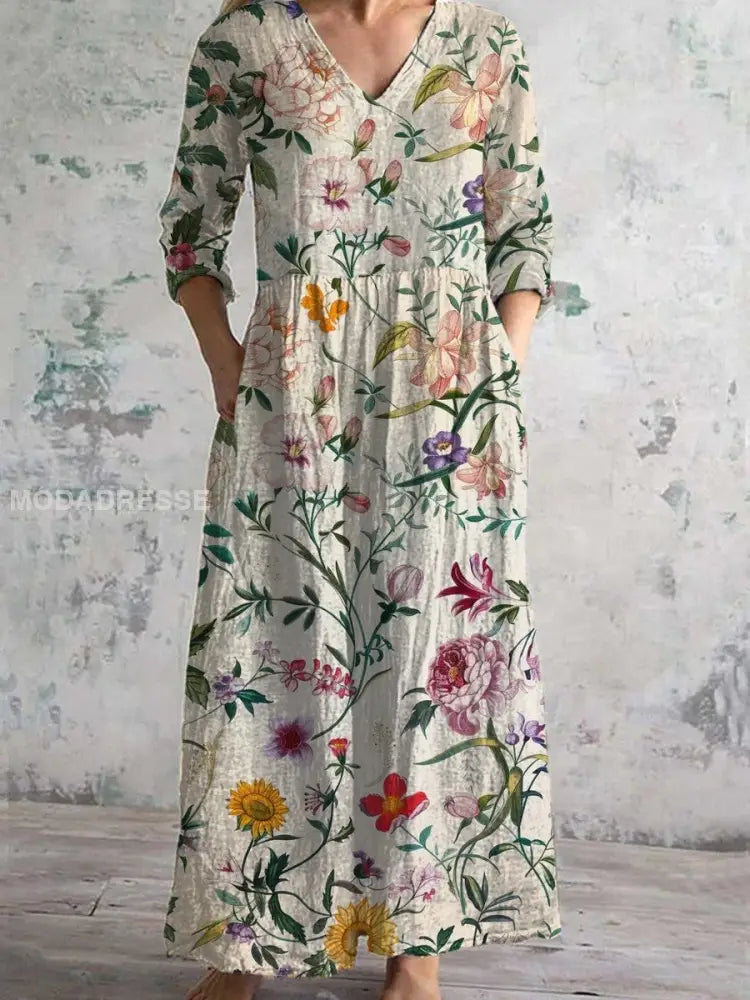 Retro Floral Art Print Elegant V-Neck Midi Dress with Three-Quarter Sleeves