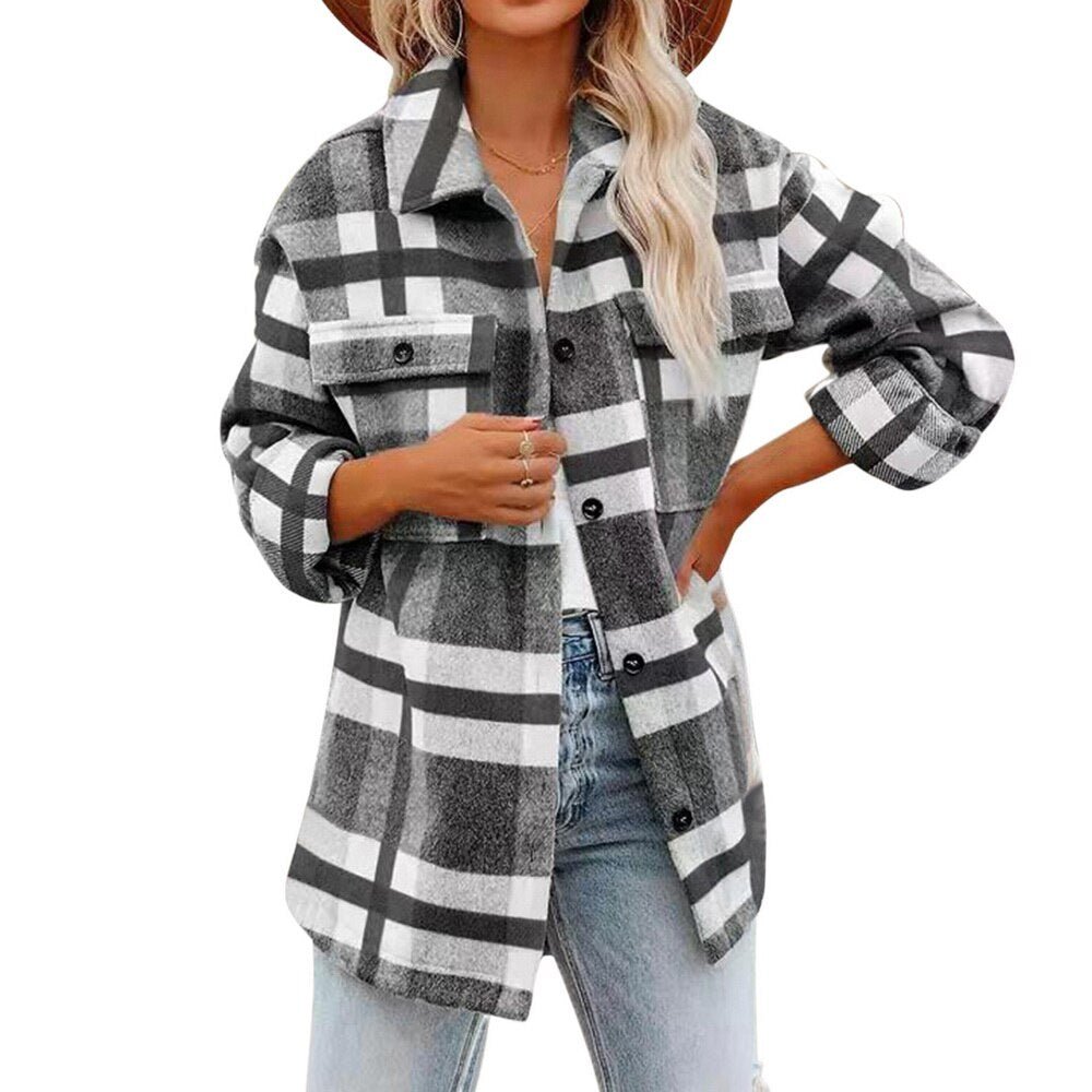 Stilvolle Karierte Damenjacke mit Langen Ärmeln - Trendy und Bequem
