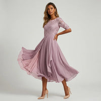 Ella | Damen Festliches Spitzen Midikleid in Rosa