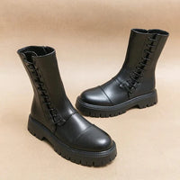 Trendige Damen-Schnürstiefel aus Leder mit Blockabsatz – Robuste Combat-Boots für einen stylischen Look in Schwarz