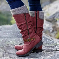 Winterstiefel Damen mit Strickbündchen und Schnalle – Lederoptik, verschiedene Farben in Rot