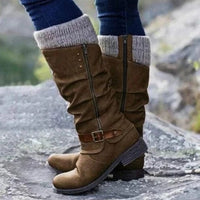Winterstiefel Damen mit Strickbündchen und Schnalle – Lederoptik, verschiedene Farben in Braun