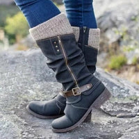 Winterstiefel Damen mit Strickbündchen und Schnalle – Lederoptik, verschiedene Farben in Grün