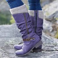 Winterstiefel Damen mit Strickbündchen und Schnalle – Lederoptik, verschiedene Farben in Lila